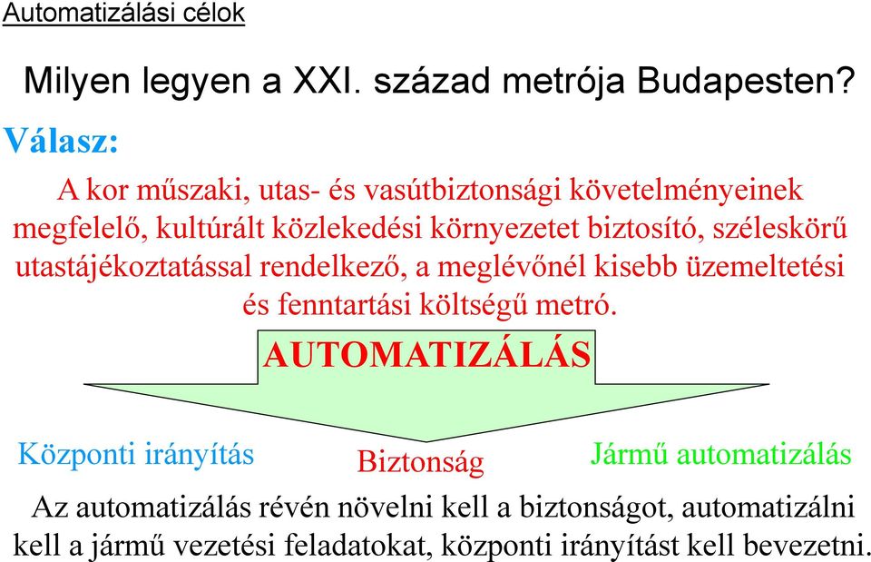 széleskörű utastájékoztatással rendelkező, a meglévőnél kisebb üzemeltetési és fenntartási költségű metró.