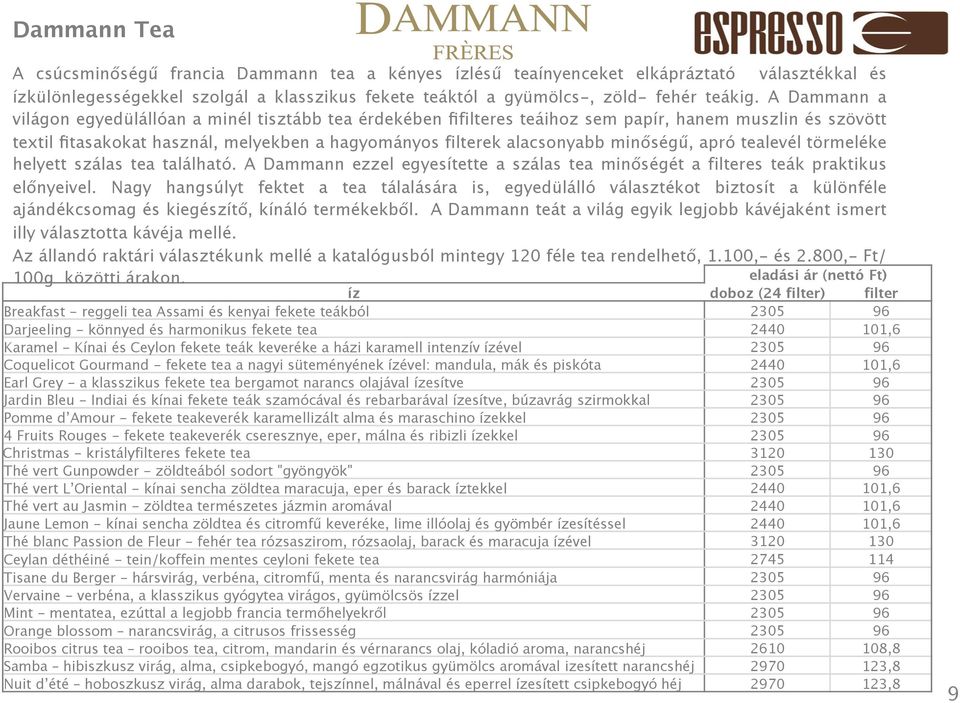 minőségű, apró tealevél törmeléke helyett szálas tea található. A Dammann ezzel egyesítette a szálas tea minőségét a filteres teák praktikus előnyeivel.