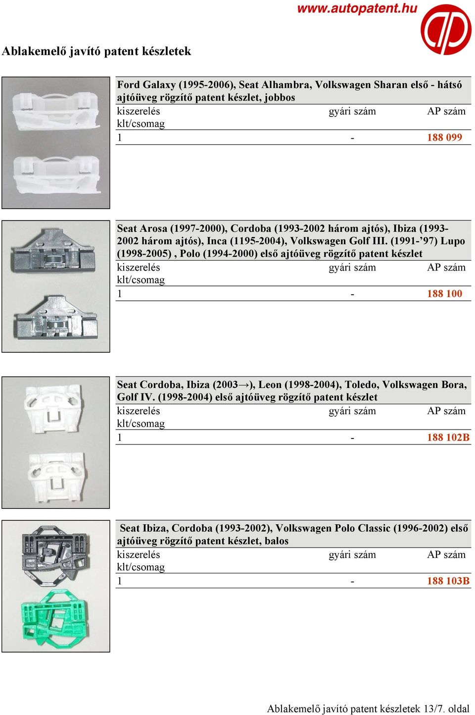 (1991-97) Lupo (1998-2005), Polo (1994-2000) első ajtóüveg rögzítő patent készlet 1-188 100 Seat Cordoba, Ibiza (2003 ), Leon (1998-2004), Toledo, Volkswagen