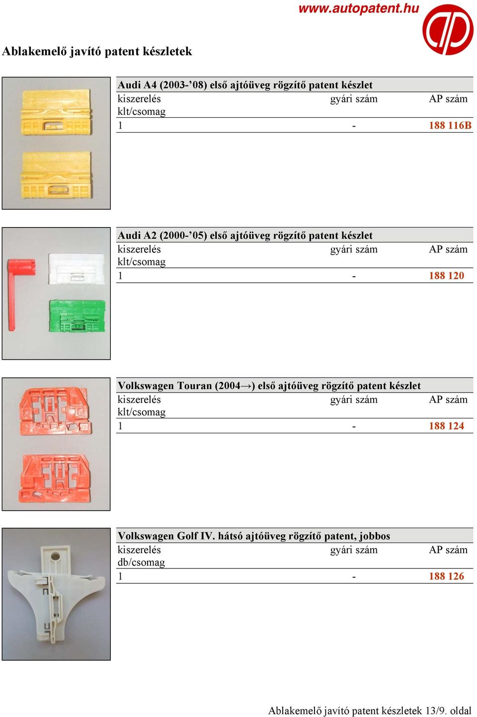(2004 ) első ajtóüveg rögzítő patent készlet 1-188 124 Volkswagen Golf IV.