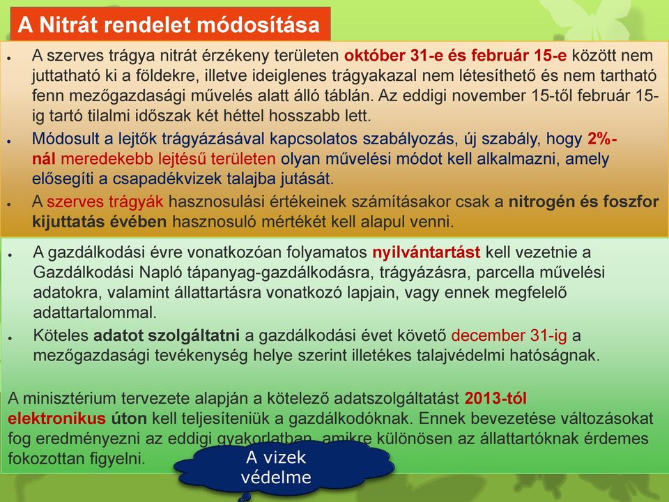 Módosult a lejtők trágyázásával kapcsolatos szabályozás, új szabály, hogy 2%- nál meredekebb lejtésű területen olyan művelési módot kell alkalmazni, amely elősegíti a csapadékvizek talajba jutását.