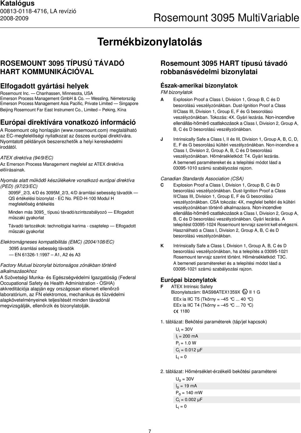 , Limited Peking, Kína Európai direktívára vonatkozó információ A Rosemount cég honlapján (www.rosemount.com) megtalálható az EC-megfelelőségi nyilatkozat az összes európai direktívára.