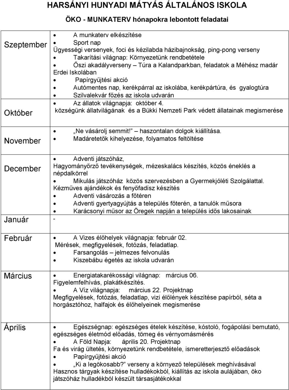 iskolába, kerékpártúra, és gyalogtúra Szilvalekvár főzés az iskola udvarán Az állatok világnapja: október 4.