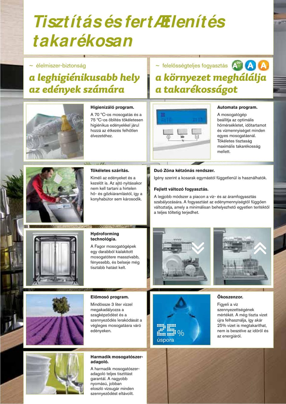 A mosogatógép beállítja az optimális hőmérsékletet, időtartamot és vízmennyiséget minden egyes mosogatásnál. Tökéletes tisztaság maximális takarékosság mellett. Tökéletes szárítás.