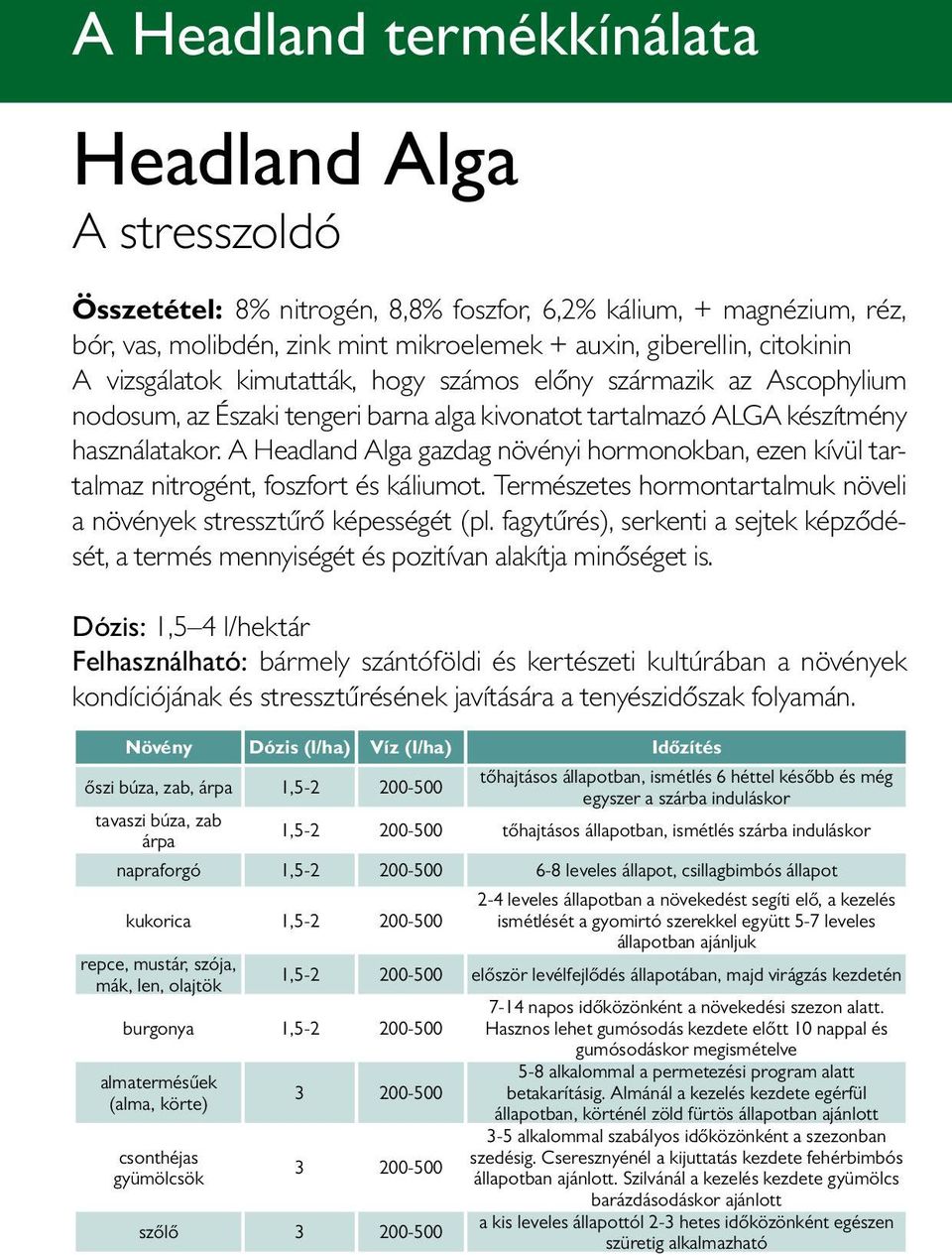 A Headland Alga gazdag növényi hormonokban, ezen kívül tartalmaz nitrogént, foszfort és káliumot. Természetes hormontartalmuk növeli a növények stressztűrő képességét (pl.