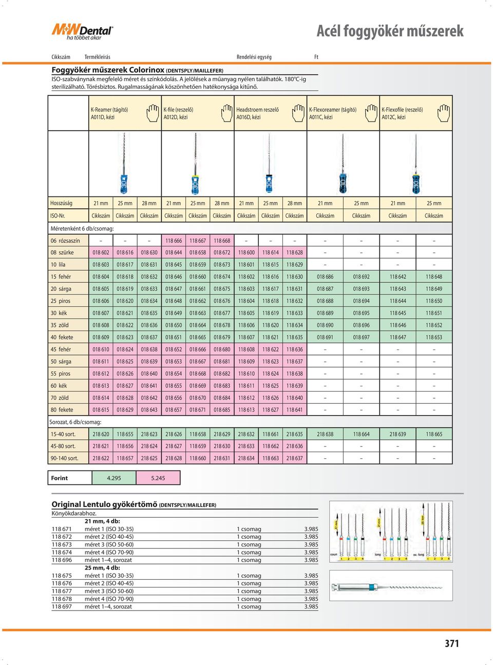 K-Reamer (tágító) A011D, kézi K-file (reszelő) A0D, kézi Headstroem reszelő A016D, kézi K-Flexoreamer (tágító) A011C, kézi K-Flexofile (reszelő) A0C, kézi Hosszúság 21 mm 25 mm 28 mm 21 mm 25 mm 28