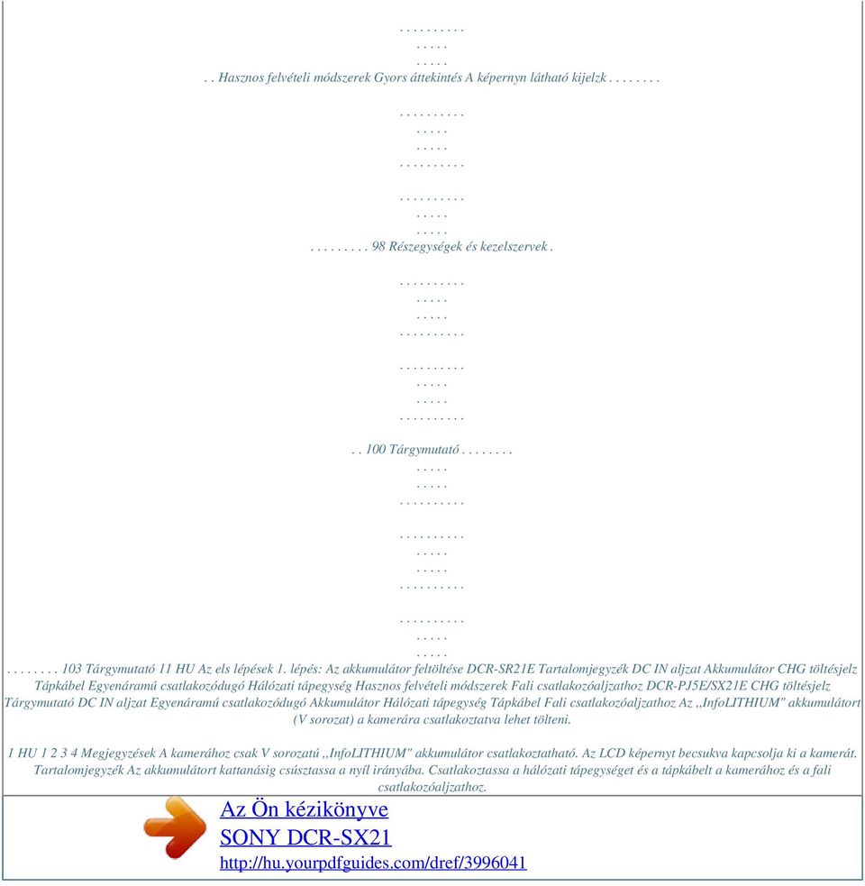 csatlakozóaljzathoz DCR-PJ5E/SX21E CHG töltésjelz Tárgymutató DC IN aljzat Egyenáramú csatlakozódugó Akkumulátor Hálózati tápegység Tápkábel Fali csatlakozóaljzathoz Az,,InfoLITHIUM" akkumulátort (V
