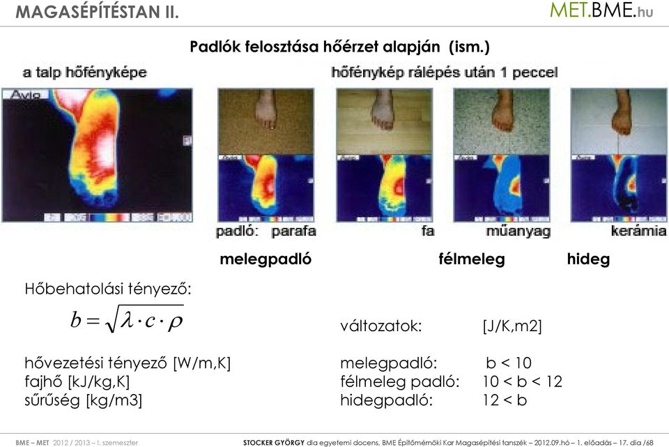 [W/m,K] melegpadló: b < 10 fajhő [kj/kg,k] félmeleg padló: 10 < b < 12 sűrűség [kg/m3]