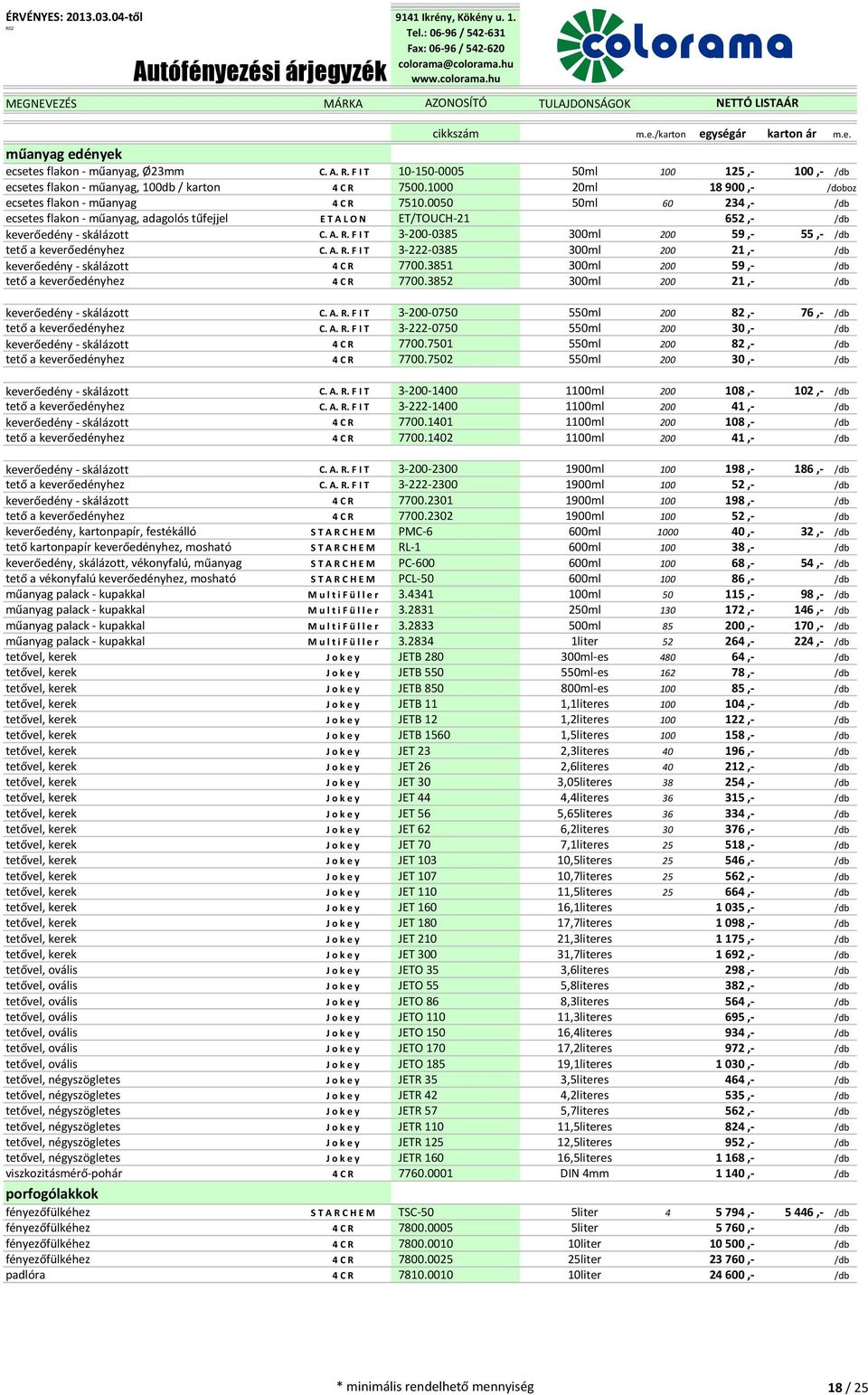 A. R. F I T 3-222-0385 300ml 200 21,- /db keverőedény - skálázott 4 C R 7700.3851 300ml 200 59,- /db tető a keverőedényhez 4 C R 7700.3852 300ml 200 21,- /db keverőedény - skálázott C. A. R. F I T 3-200-0750 550ml 200 82,- 76,- /db tető a keverőedényhez C.