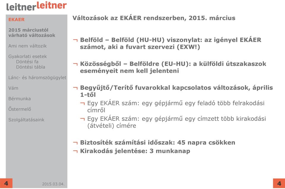 ) Közösségből Belföldre (EU-HU): a külföldi útszakaszok eseményeit nem kell jelenteni Begyűjtő/Terítő fuvarokkal kapcsolatos,