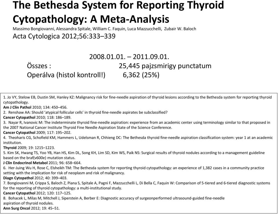 Jo VY, Stelow EB, Dustin SM, Hanley KZ: Malignancy risk for fine-needle aspiration of thyroid lesions according to the Bethesda system for reporting thyroid cytopathology.