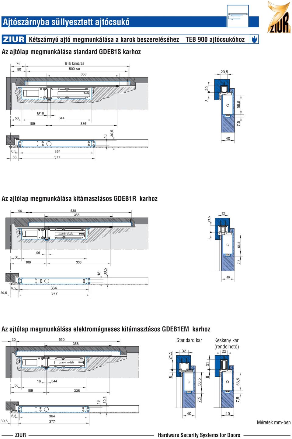 kitámasztásos GDEB1R karhoz 56 96 189 336 7,5 56,5 18 30,5 40 39,5 6,5 364 377 Az ajtólap megmunkálása elektromágneses kitámasztásos GDEB1EM karhoz 30 550 358