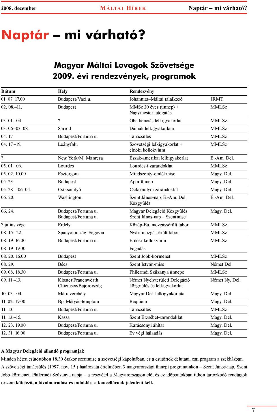 17. Budapest/Fortuna u. Tanácsülés MMLSz 04. 17. 19. Leányfalu Szövetségi lelkigyakorlat + MMLSz elnöki kollokvium? New York/M. Manresa Észak-amerikai lelkigyakorlat É.-Am. Del. 05. 01. 06.