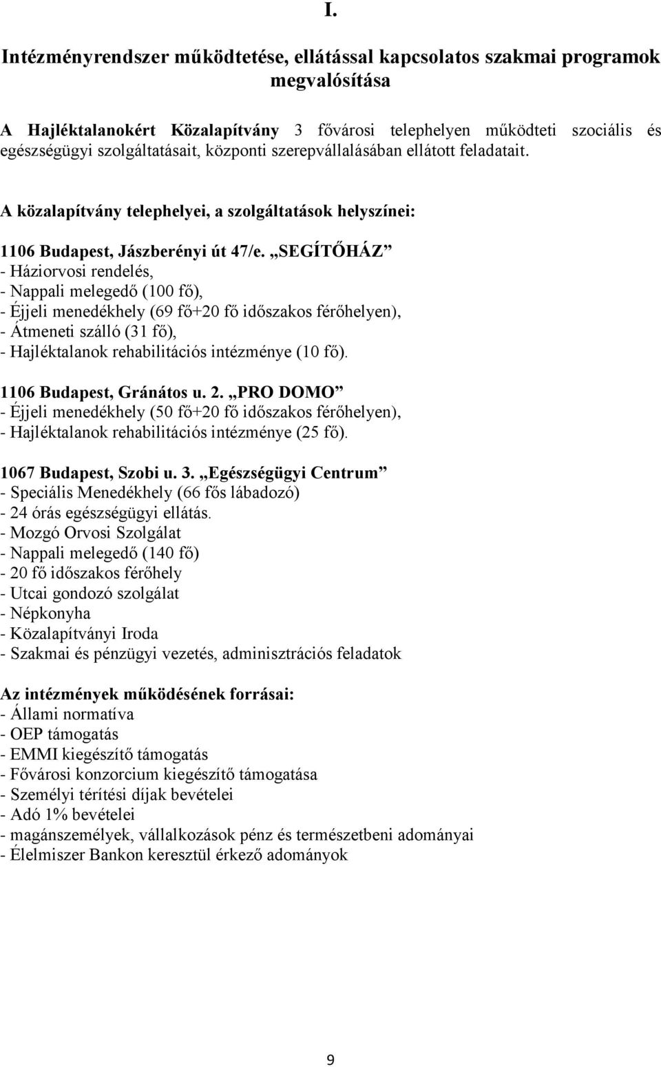 SEGÍTŐHÁZ - Háziorvosi rendelés, - Nappali melegedő (100 fő), - Éjjeli menedékhely (69 fő+20 fő időszakos férőhelyen), - Átmeneti szálló (31 fő), - Hajléktalanok rehabilitációs intézménye (10 fő).
