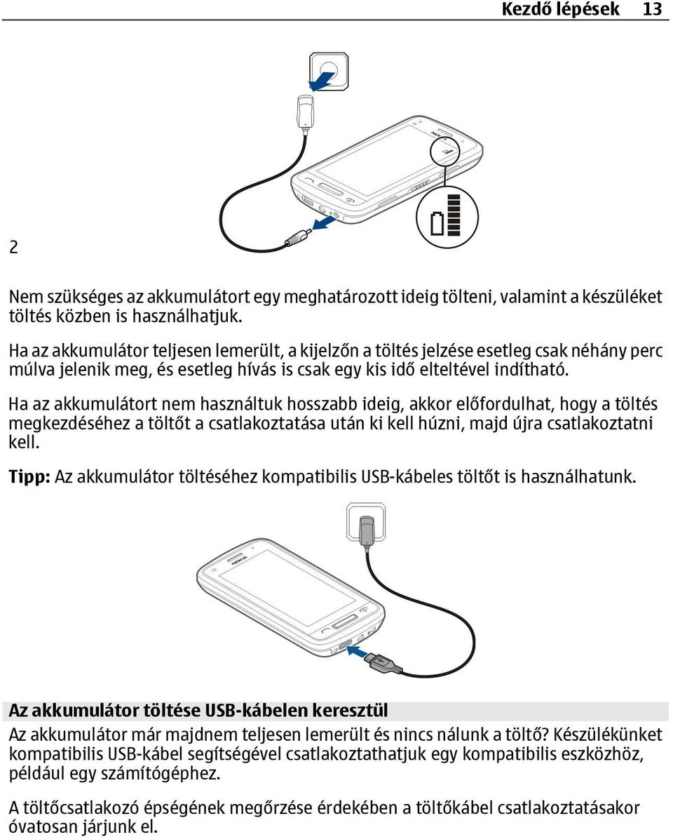 Ha az akkumulátort nem használtuk hosszabb ideig, akkor előfordulhat, hogy a töltés megkezdéséhez a töltőt a csatlakoztatása után ki kell húzni, majd újra csatlakoztatni kell.