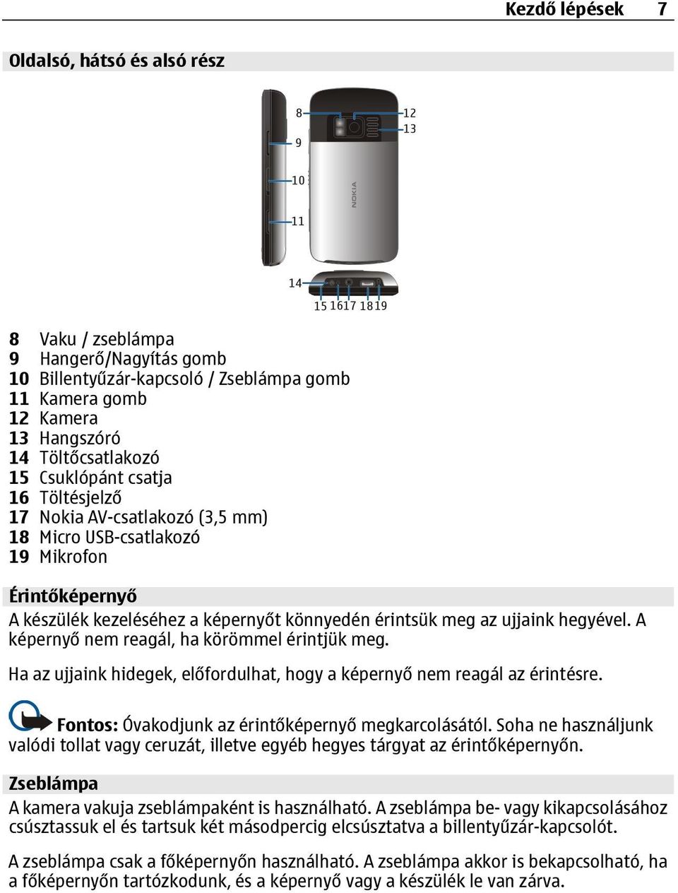 A képernyő nem reagál, ha körömmel érintjük meg. Ha az ujjaink hidegek, előfordulhat, hogy a képernyő nem reagál az érintésre. Fontos: Óvakodjunk az érintőképernyő megkarcolásától.