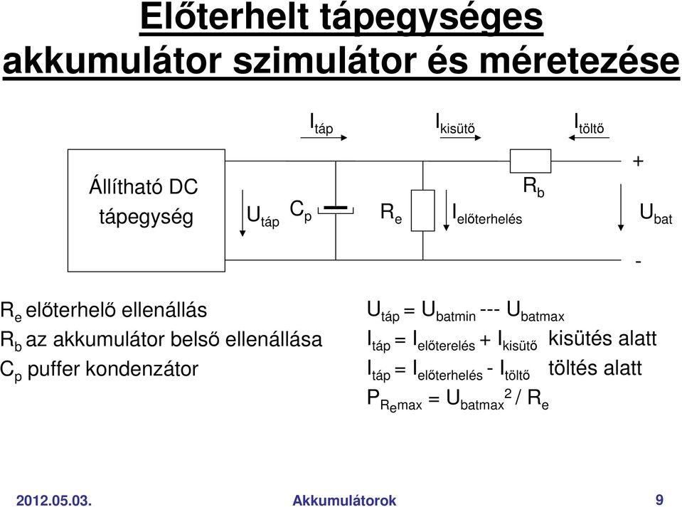 ellenállása C p puffer kondenzátor U táp = U batmin --- U batmax I táp = I elıterelés + I kisütı
