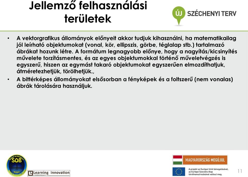 A formátum legnagyobb előnye, hogy a nagyítás/kicsinyítés művelete torzításmentes, és az egyes objektumokkal történő műveletvégzés is
