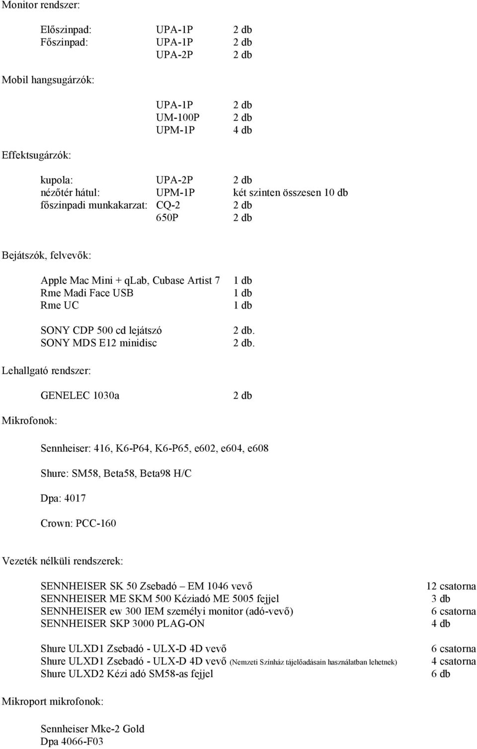 . Lehallgató rendszer: GENELEC 1030a Mikrofonok: Sennheiser: 416, K6-P64, K6-P65, e602, e604, e608 Shure: SM58, Beta58, Beta98 H/C Dpa: 4017 Crown: PCC-160 Vezeték nélküli rendszerek: SENNHEISER SK
