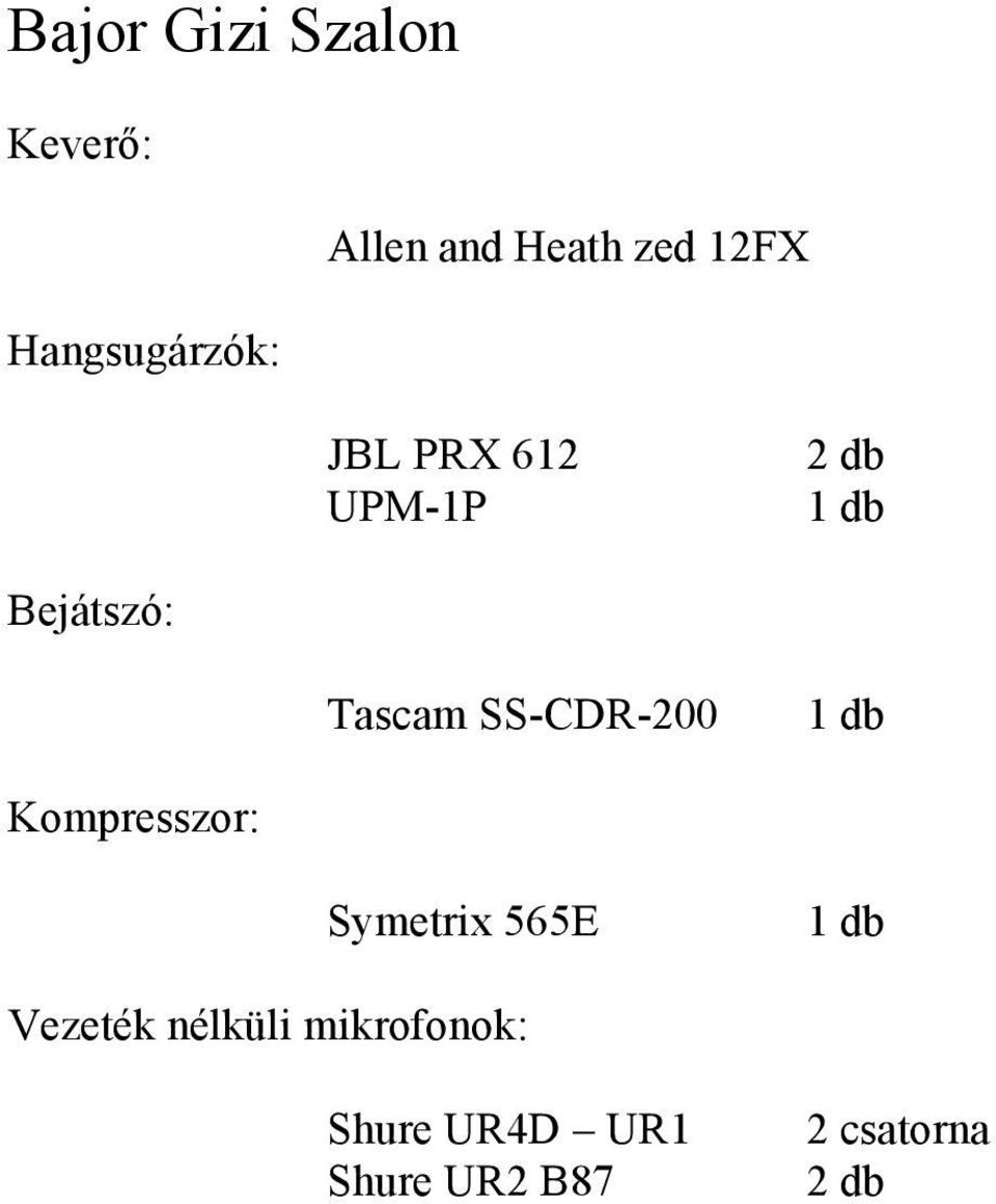 SS-CDR-200 Kompresszor: Symetrix 565E Vezeték