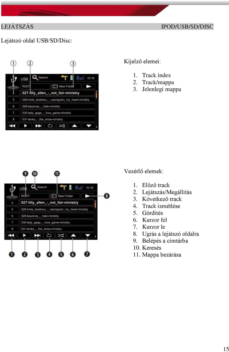 Lejátszás/Megállítás 3. Következő track 4. Track ismétlése 5. Gördítés 6.