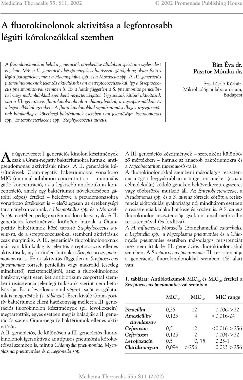 generációs fluorokinolonoknak jelentõs aktivitásuk van a streptococcusokkal, így a Streptococcus pneumoniae-val szemben is. Ez a hatás független a S.