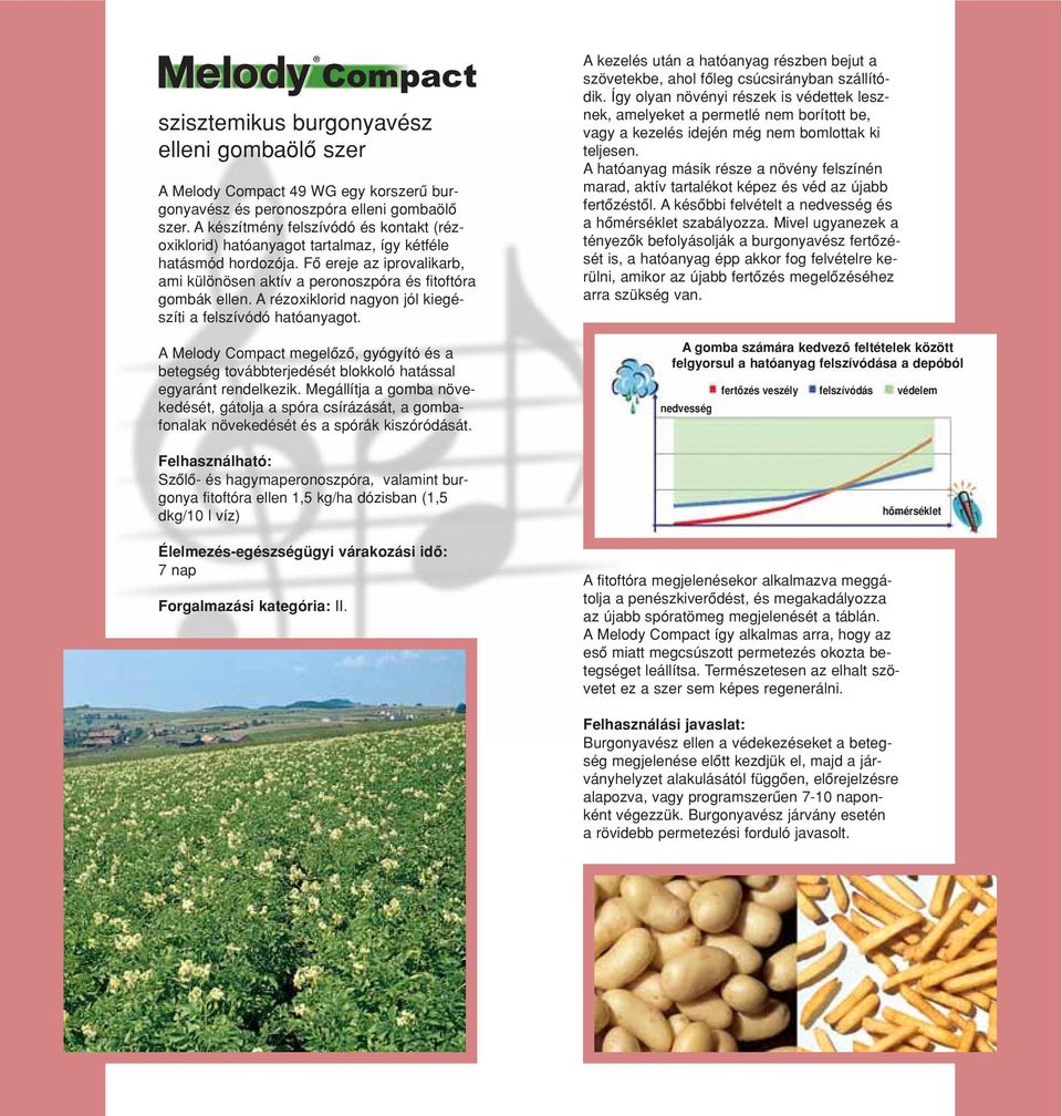 A rézoxiklorid nagyon jól kiegészíti a felszívódó hatóanyagot. A Melody Compact megelôzô, gyógyító és a betegség továbbterjedését blokkoló hatással egyaránt rendelkezik.