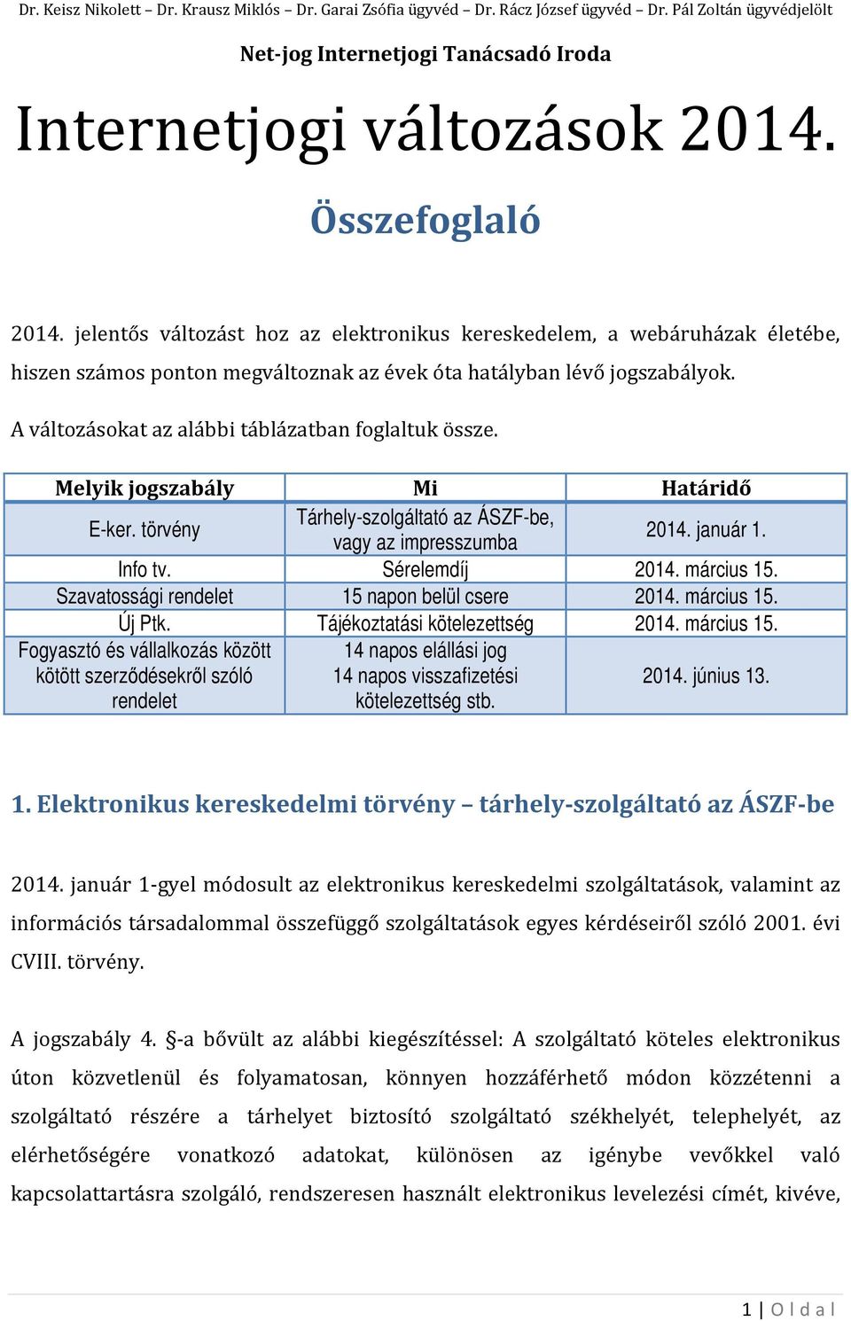 A változásokat az alábbi táblázatban foglaltuk össze. Melyik jogszabály Mi Határidő E-ker. törvény Tárhely-szolgáltató az ÁSZF-be, vagy az impresszumba 2014. január 1. Info tv. Sérelemdíj 2014.