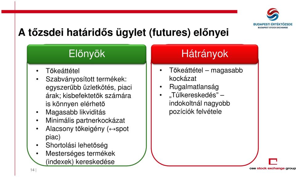 partnerkockázat Alacsony tőkeigény ( spot piac) Shortolási lehetőség Mesterséges termékek (indexek)