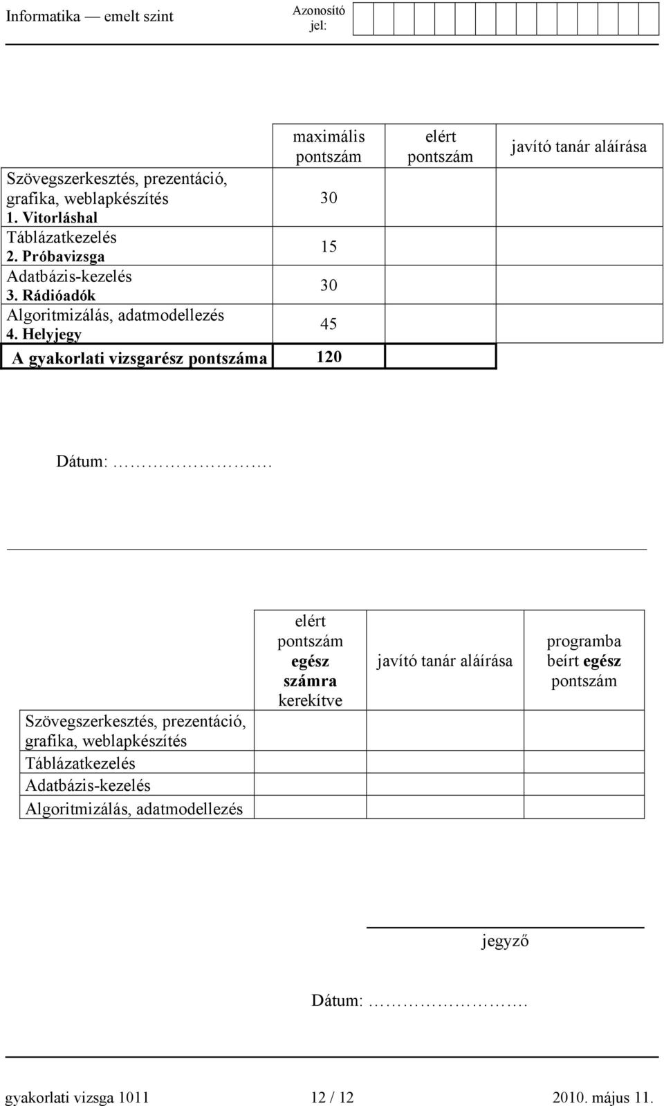 Helyjegy A gyakorlati vizsgarész pontszáma 120 elért pontszám javító tanár aláírása Dátum:.
