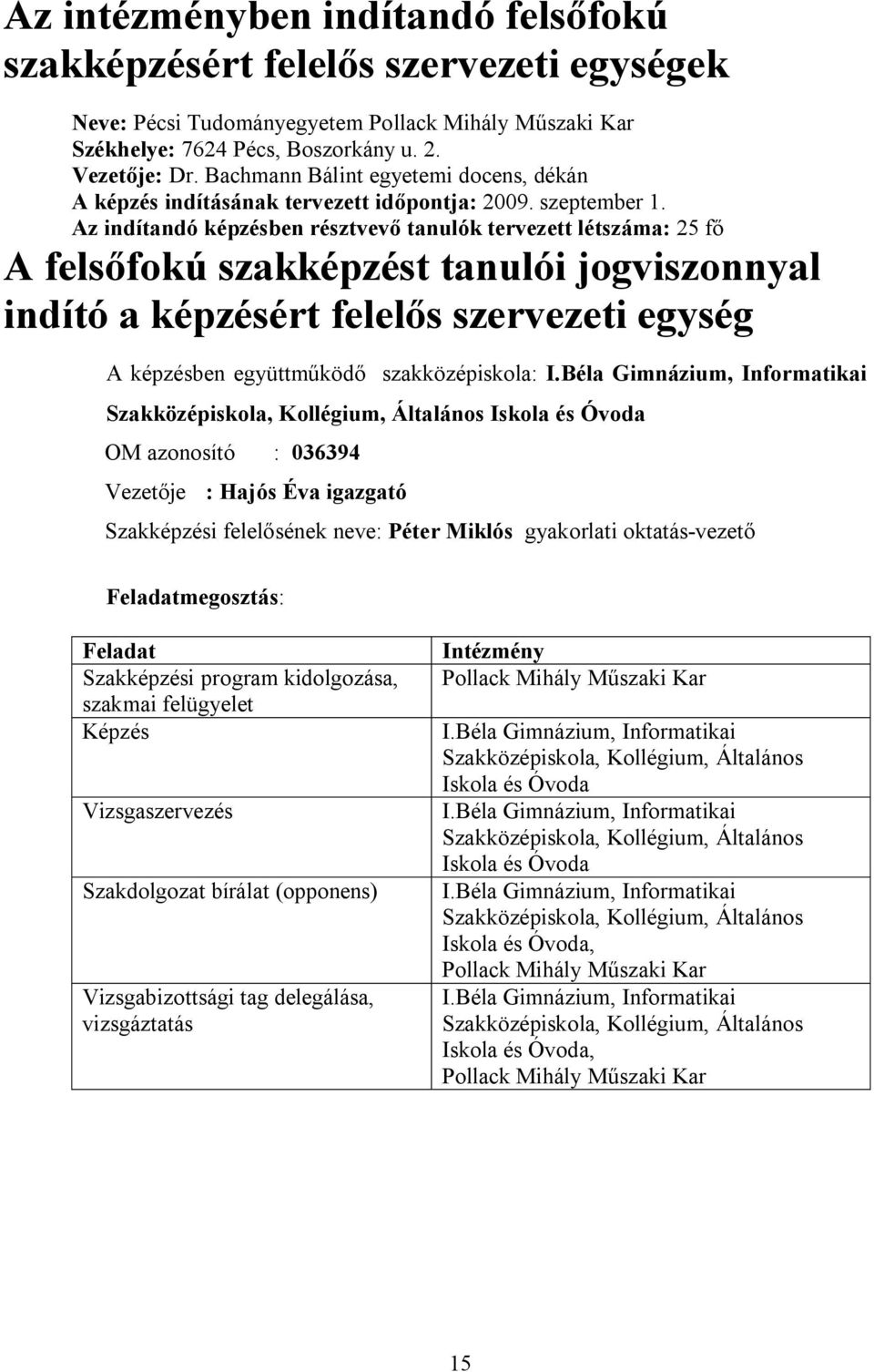 Az indítandó képzésben résztvevő tanulók tervezett létszáma: 25 fő A felsőfokú szakképzést tanulói jogviszonnyal indító a képzésért felelős szervezeti egység A képzésben együttműködő szakközépiskola: