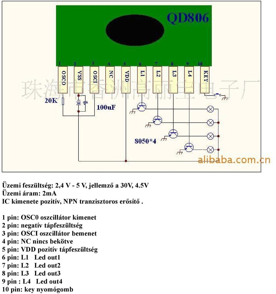 1 pin: OSC0 oszcillátor kimenet 2 pin: negatív tápfeszültség 3 pin: OSCI oszcillátor
