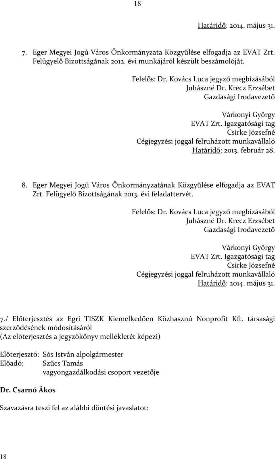 február 28. 8. Eger Megyei Jogú Város Önkormányzatának Közgyűlése elfogadja az EVAT Zrt. Felügyelő Bizottságának 2013. évi feladattervét. Felelős: Dr. Kovács Luca jegyző megbízásából Juhászné Dr.
