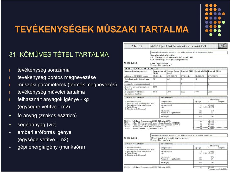 paraméterek (termék megnevezés) tevékenység mûvelei tartalma felhasznált anyagok igénye -