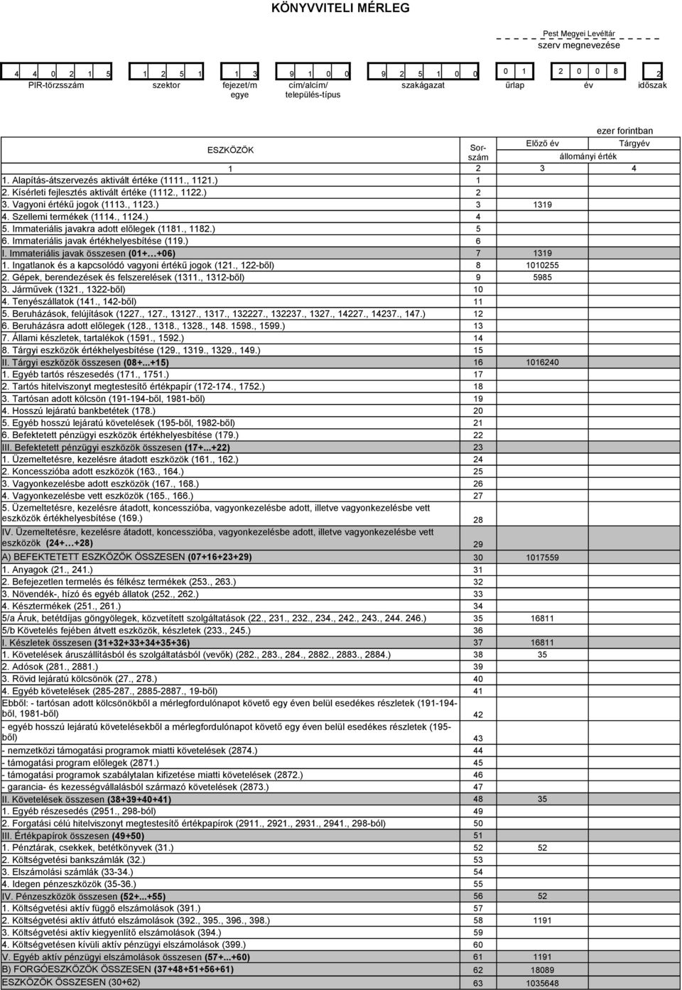 ) 2 3. Vagyoni értékű jogok (1113., 1123.) 3 1319 4. Szellemi termékek (1114., 1124.) 4 5. Immateriális javakra adott előlegek (1181., 1182.) 5 6. Immateriális javak értékhelyesbítése (119.) I.