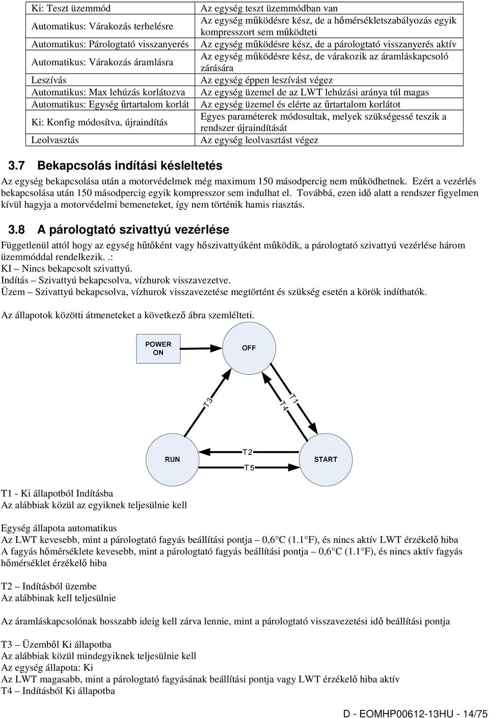 a párologtató visszanyerés aktív Az egység működésre kész, de várakozik az áramláskapcsoló zárására Az egység éppen leszívást végez Az egység üzemel de az LWT lehúzási aránya túl magas Az egység