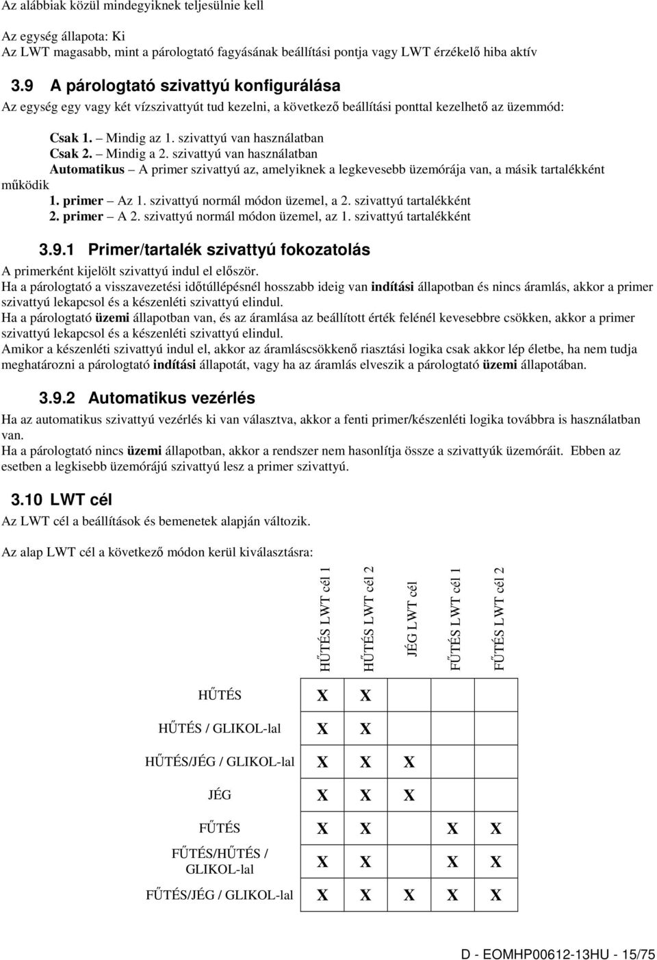 Mindig a 2. szivattyú van használatban Automatikus A primer szivattyú az, amelyiknek a legkevesebb üzemórája van, a másik tartalékként működik 1. primer Az 1. szivattyú normál módon üzemel, a 2.