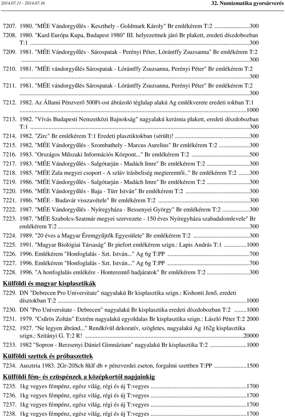 ..300 7211. 1981. "MÉE vándorgyűlés Sárospatak - Lórántffy Zsuzsanna, Perényi Péter" Br emlékérem T:2...300 7212. 1982.