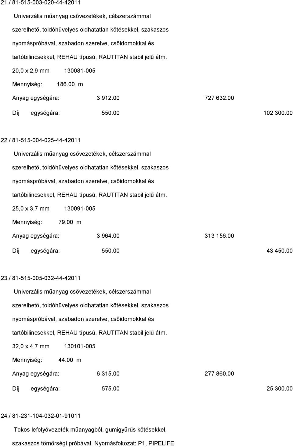 / 81-515-004-025-44-42011 Univerzális műanyag csővezetékek, célszerszámmal szerelhető, toldóhüvelyes oldhatatlan kötésekkel, szakaszos nyomáspróbával, szabadon szerelve, csőidomokkal és