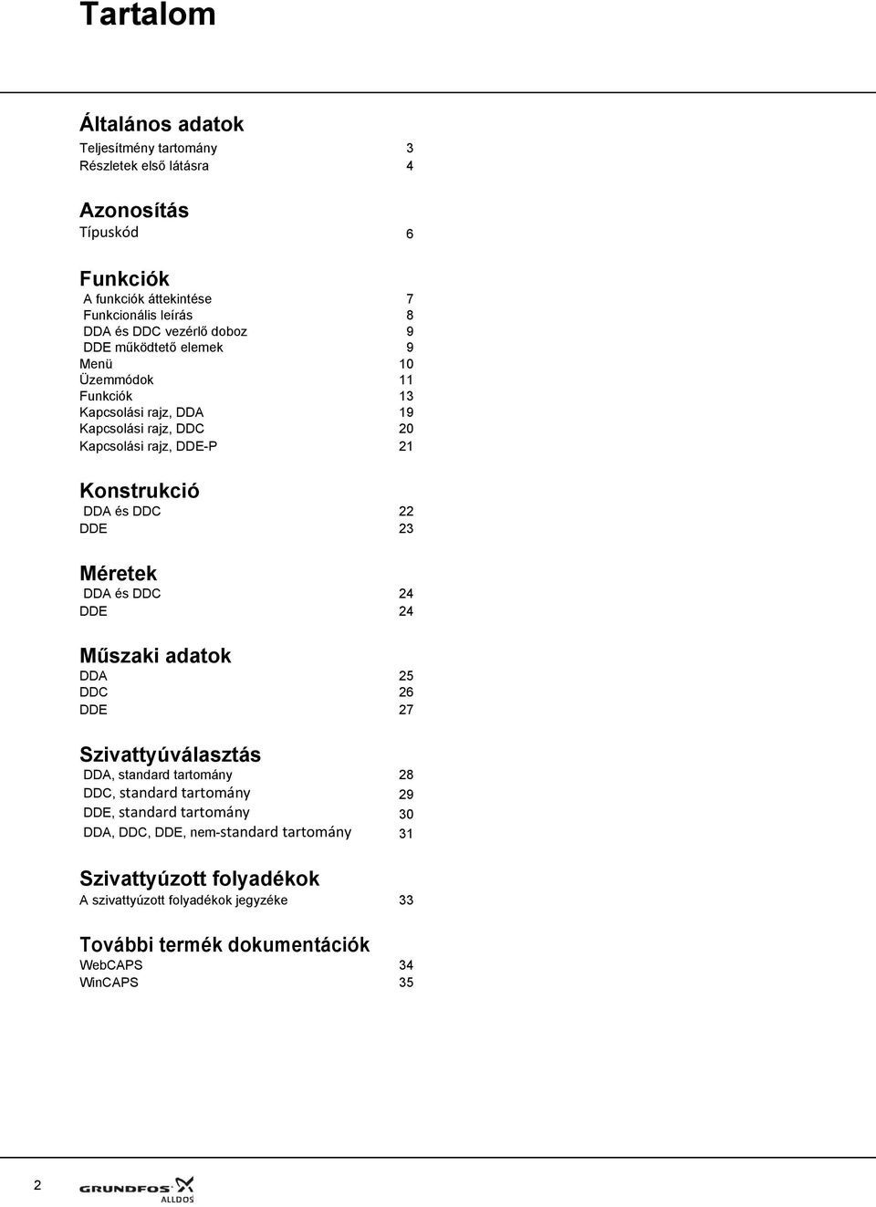 DDA és DDC 22 DDE 23 Méretek DDA és DDC 24 DDE 24 Műszaki adatok DDA 25 DDC 26 DDE 27 Szivattyúválasztás DDA, standard tartomány 28 DDC, standard tartomány 29
