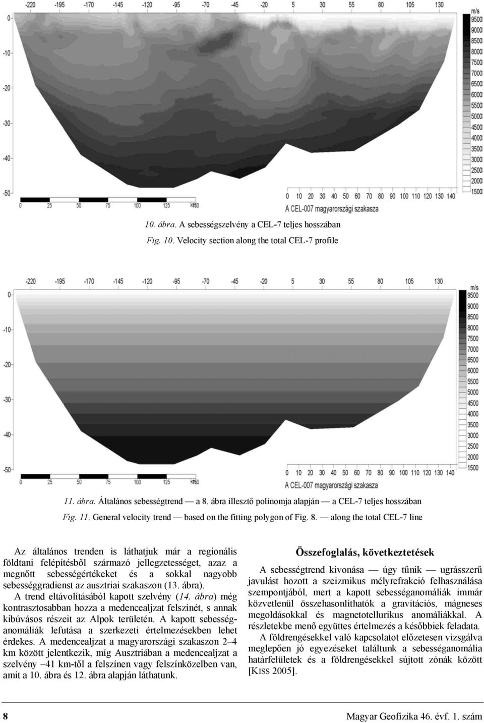 along the total CEL-7 line Az általános trenden is láthatjuk már a regionális földtani felépítésből származó jellegzetességet, azaz a megnőtt sebességértékeket és a sokkal nagyobb sebességgradienst