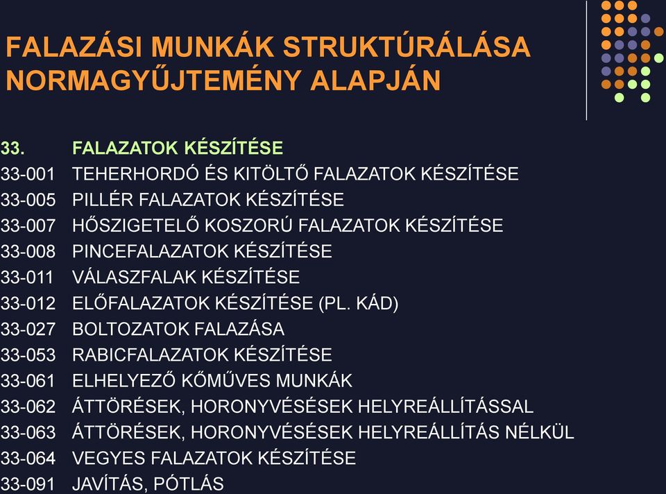 KÉSZÍTÉSE 33-008 PINCEFALAZATOK KÉSZÍTÉSE 33-011 VÁLASZFALAK KÉSZÍTÉSE 33-012 ELŐFALAZATOK KÉSZÍTÉSE (PL.