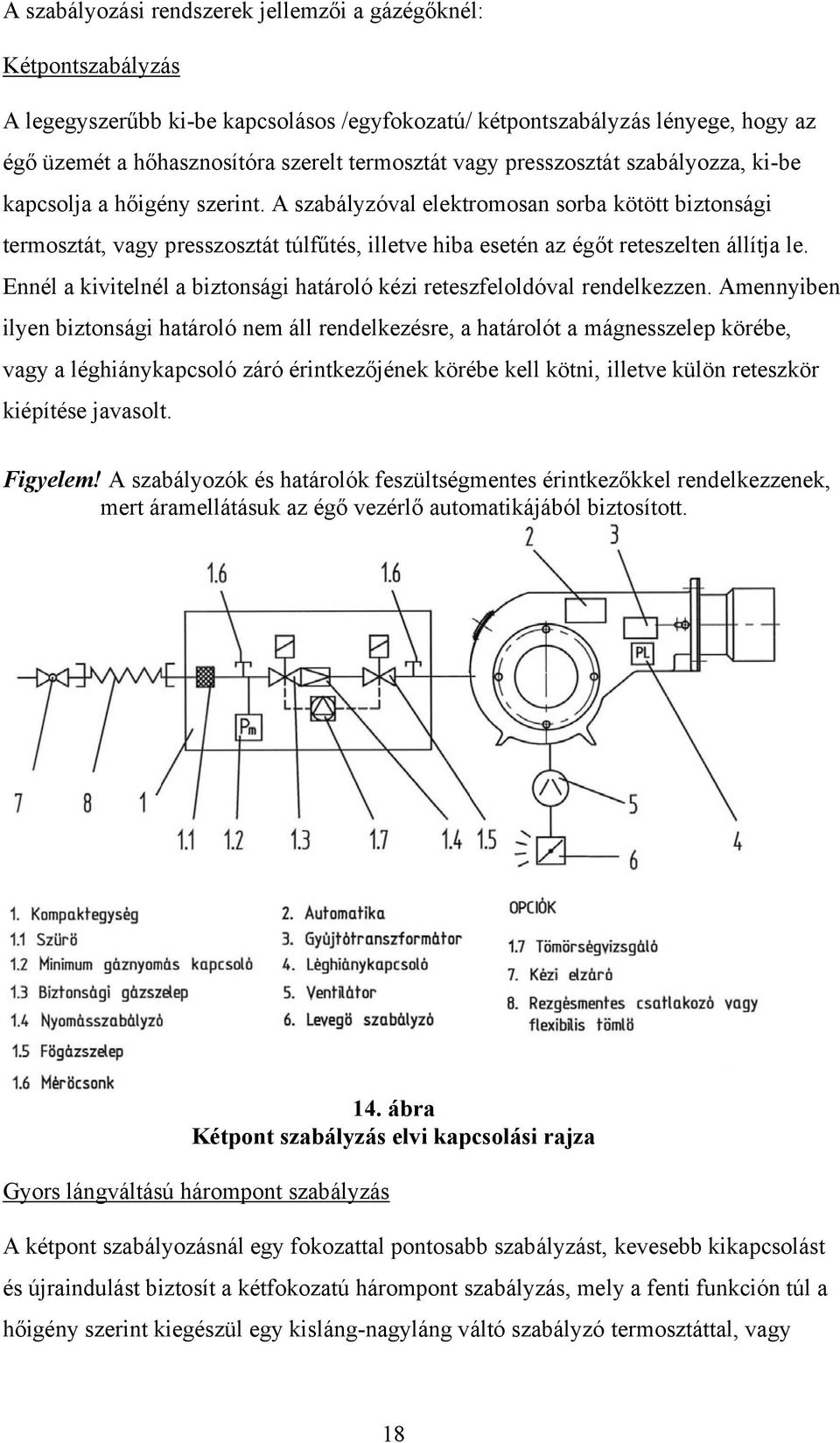 A szabályzóval elektromosan sorba kötött biztonsági termosztát, vagy presszosztát túlfűtés, illetve hiba esetén az égőt reteszelten állítja le.