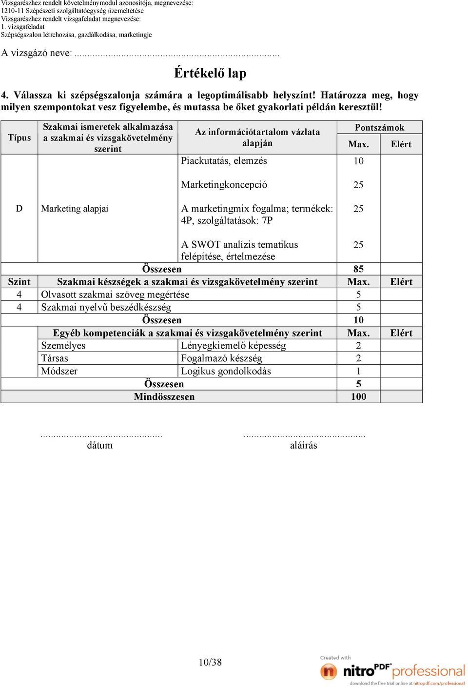 Típus D Szint Szakmai ismeretek alkalmazása a szakmai és vizsgakövetelmény szerint Marketing alapjai Az információtartalom vázlata alapján Pontszámok Piackutatás, elemzés Marketingkoncepció A