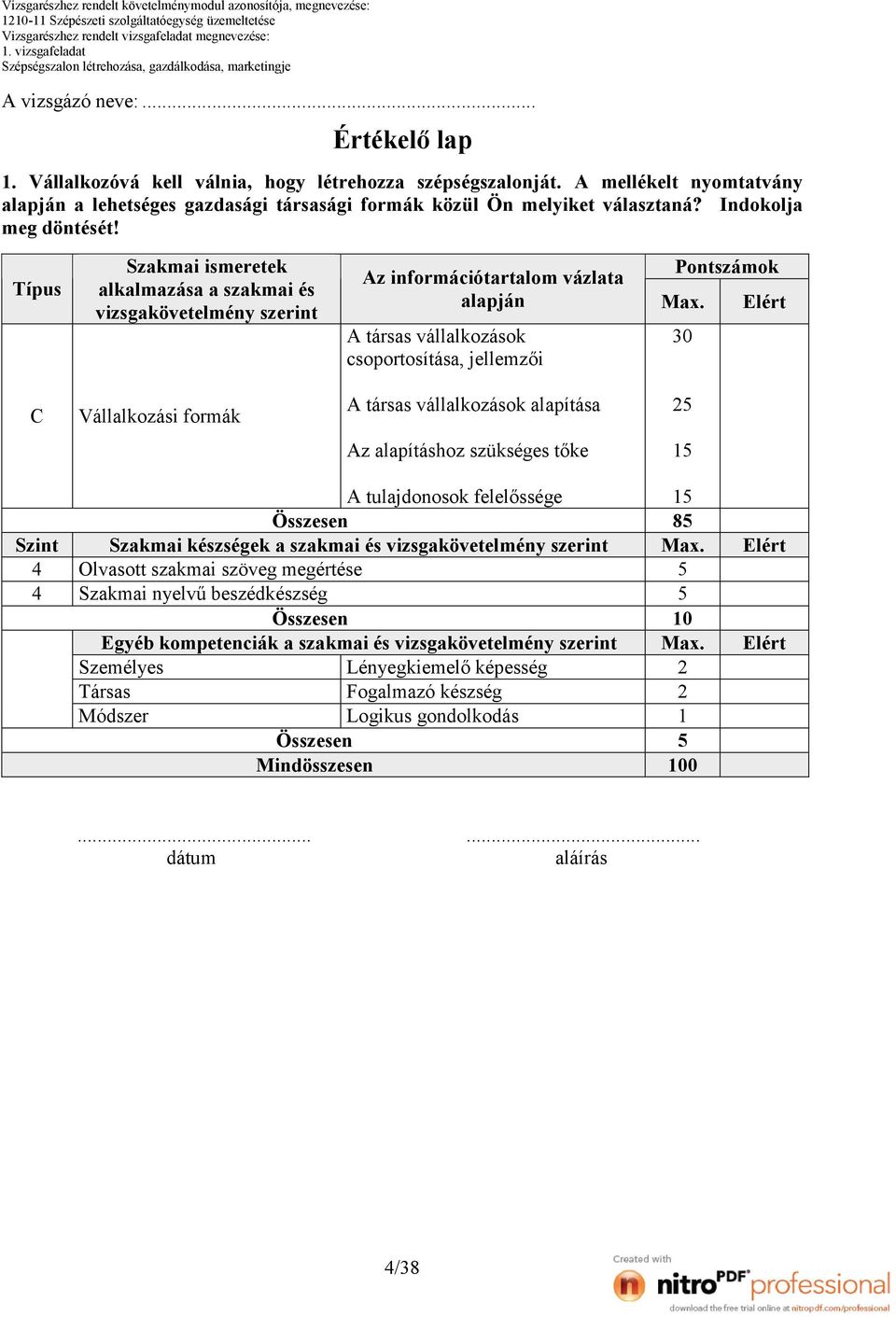 Típus C Szint Szakmai ismeretek alkalmazása a szakmai és vizsgakövetelmény szerint Vállalkozási formák Az információtartalom vázlata alapján Pontszámok A társas vállalkozások csoportosítása,