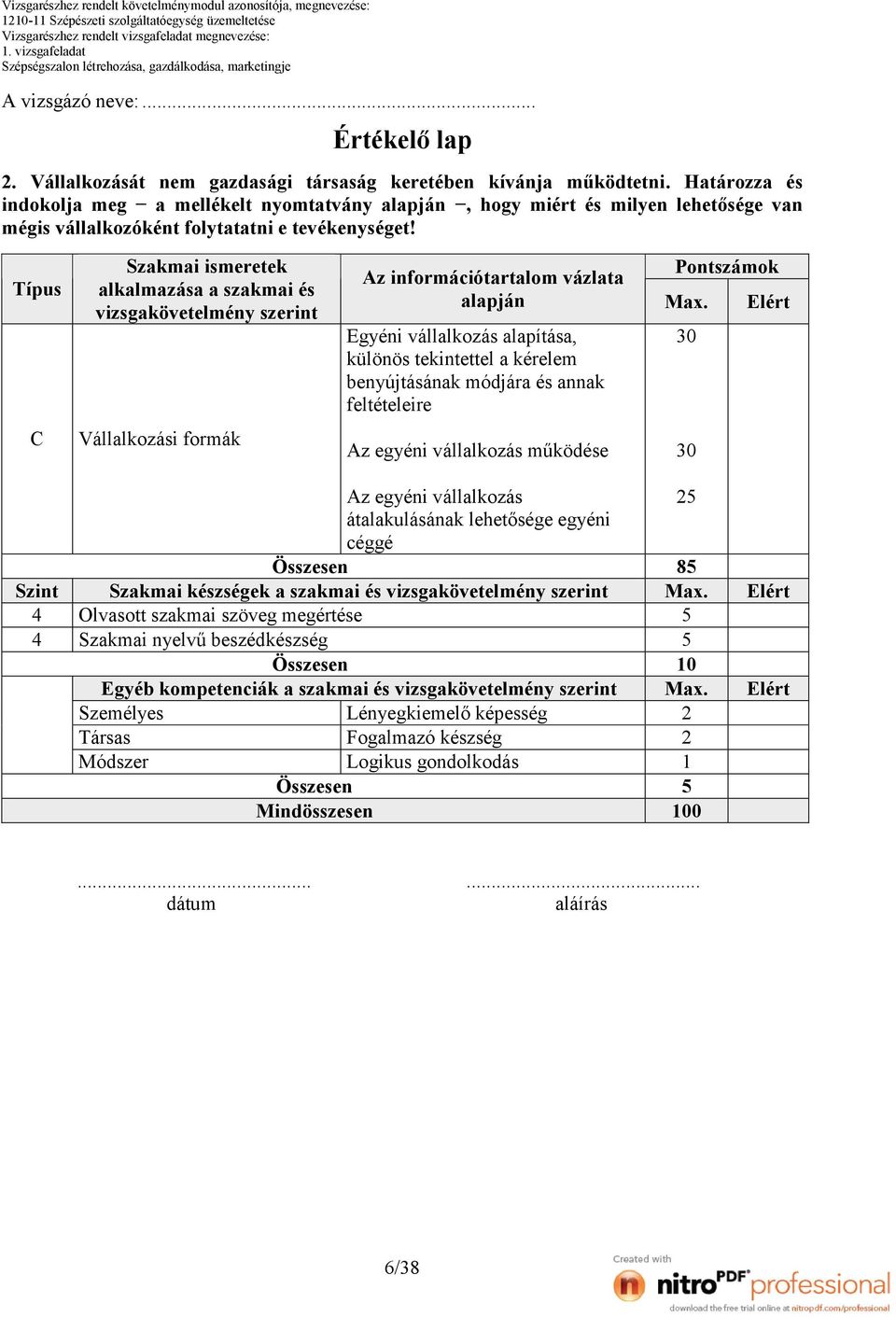 Típus C Szint Szakmai ismeretek alkalmazása a szakmai és vizsgakövetelmény szerint Vállalkozási formák Az információtartalom vázlata alapján Pontszámok Egyéni vállalkozás alapítása, különös