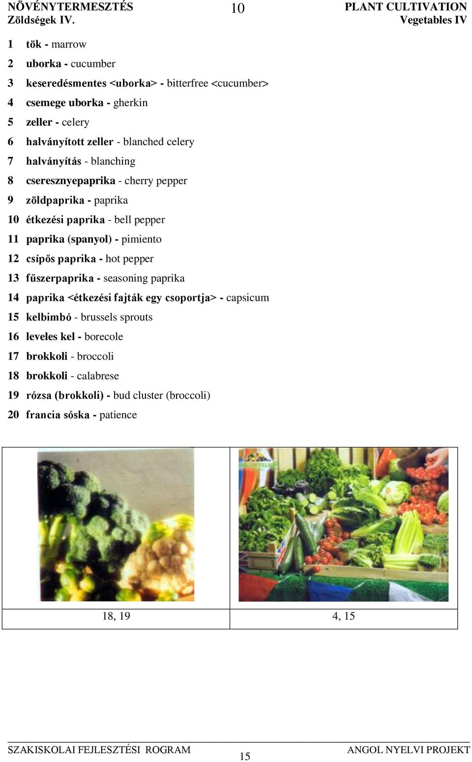 halványított zeller - blanched celery 7 halványítás - blanching 8 cseresznyepaprika - cherry pepper 9 zöldpaprika - paprika 10 étkezési paprika - bell pepper 11 paprika