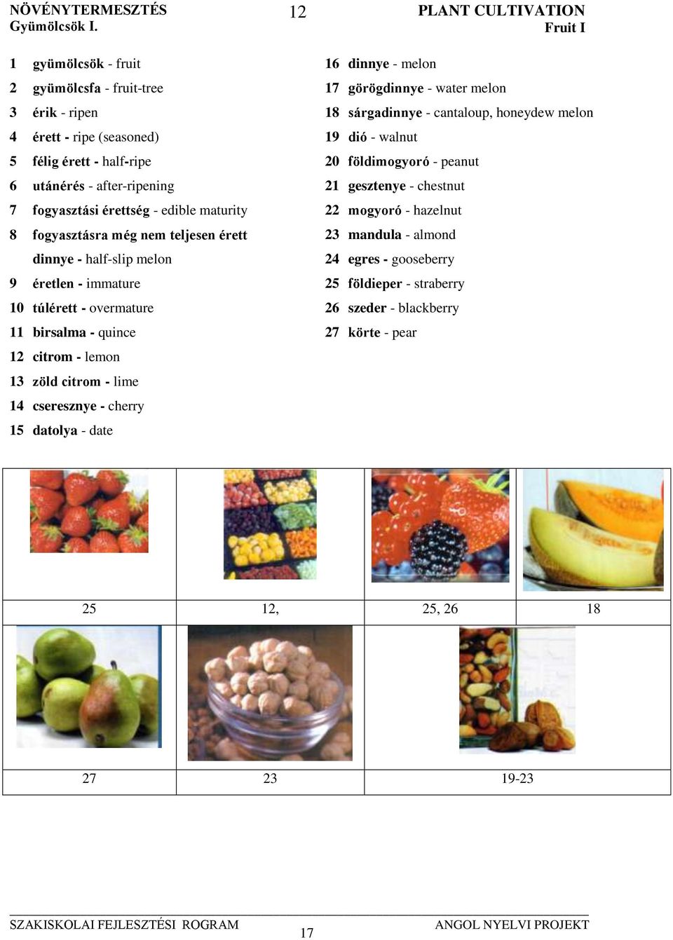 fogyasztásra még nem teljesen érett dinnye - half-slip melon 9 éretlen - immature 10 túlérett - overmature 11 birsalma - quince 12 citrom - lemon 13 zöld citrom - lime 14 cseresznye -