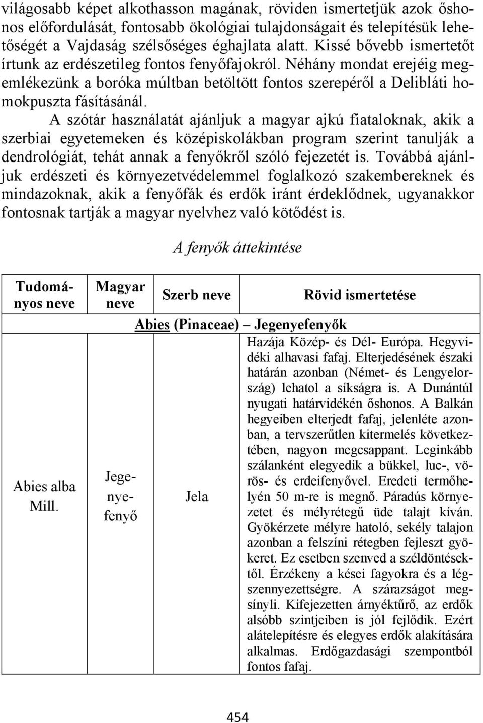 A szótár használatát ajánljuk a magyar ajkú fiataloknak, akik a szerbiai egyetemeken és középiskolákban program szerint tanulják a dendrológiát, tehát annak a fenyőkről szóló fejezetét is.