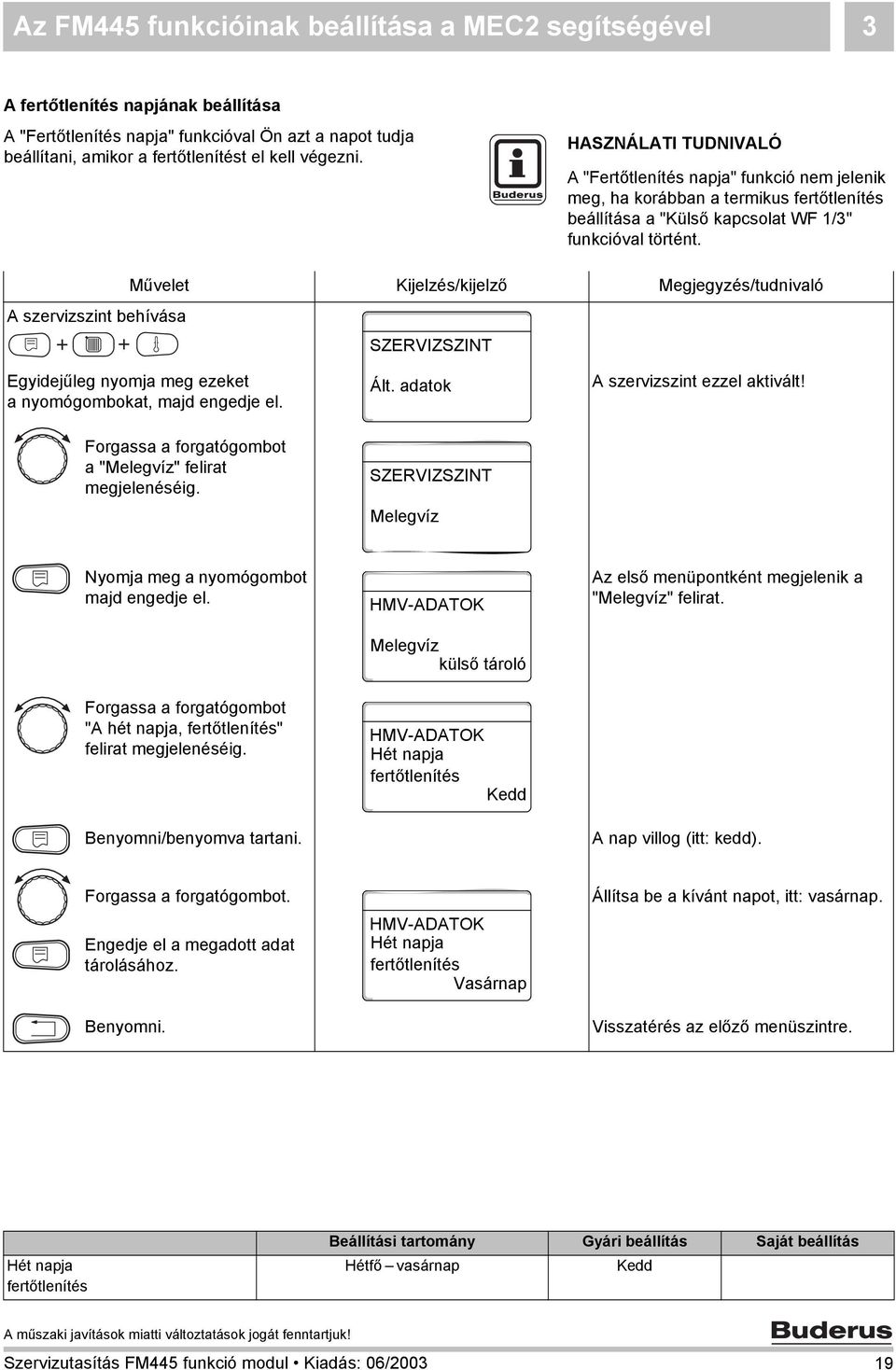 Művelet Kijelzés/kijelző Megjegyzés/tudnivaló A szervizszint behívása Egyidejűleg nyomja meg ezeket a nyomógombokat, majd engedje el. Ált. adatok A szervizszint ezzel aktivált!